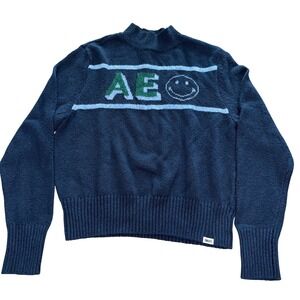 American Eagle Outfitters  Smiley Face Mock Neck Sweater Navy Blue Womens XL